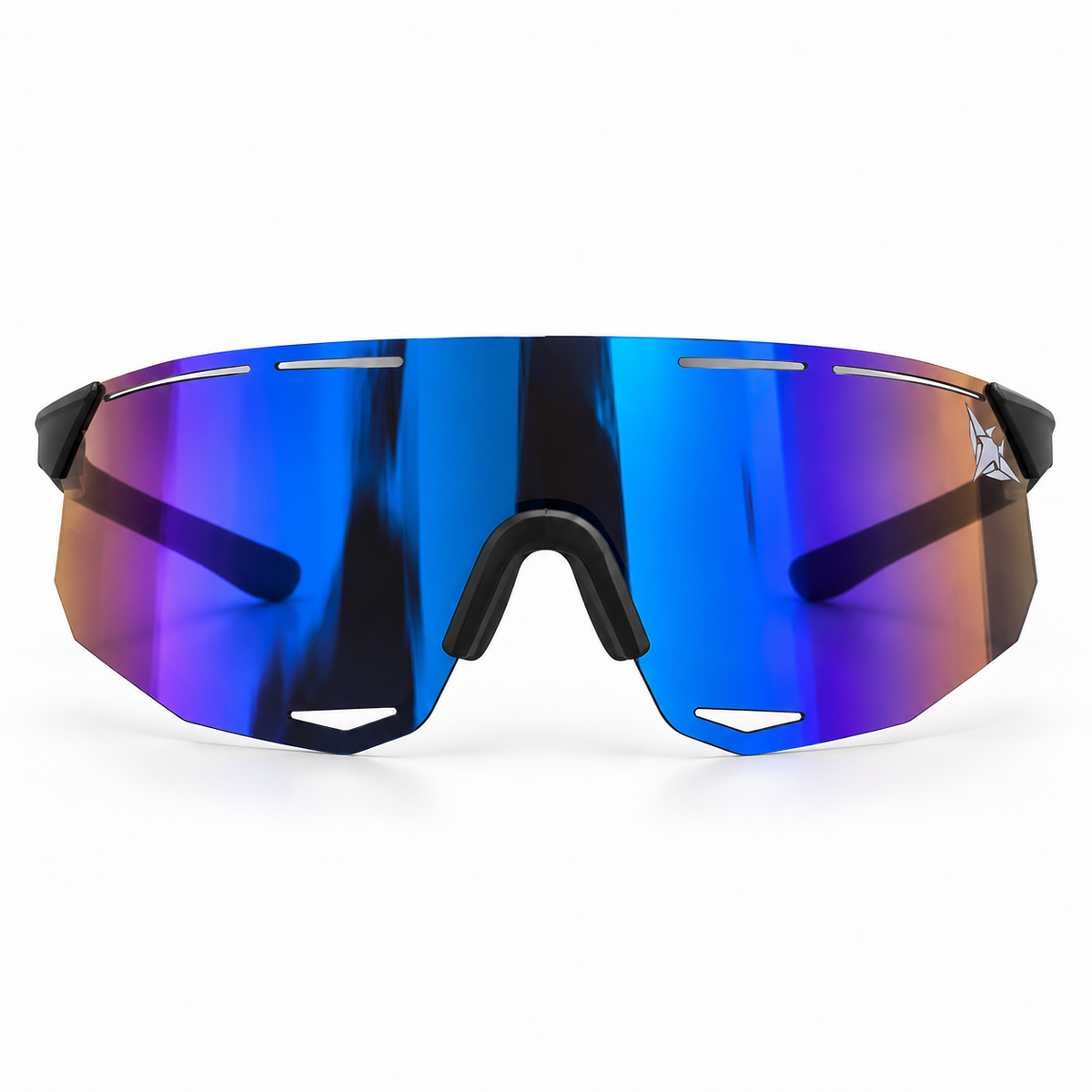 Mantaros Rayo shield sunglasses in Abyss, black frame and blue revo lens, front view