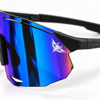 Close-up of the Abyss blue revo lens with the Mantaros manta emblem