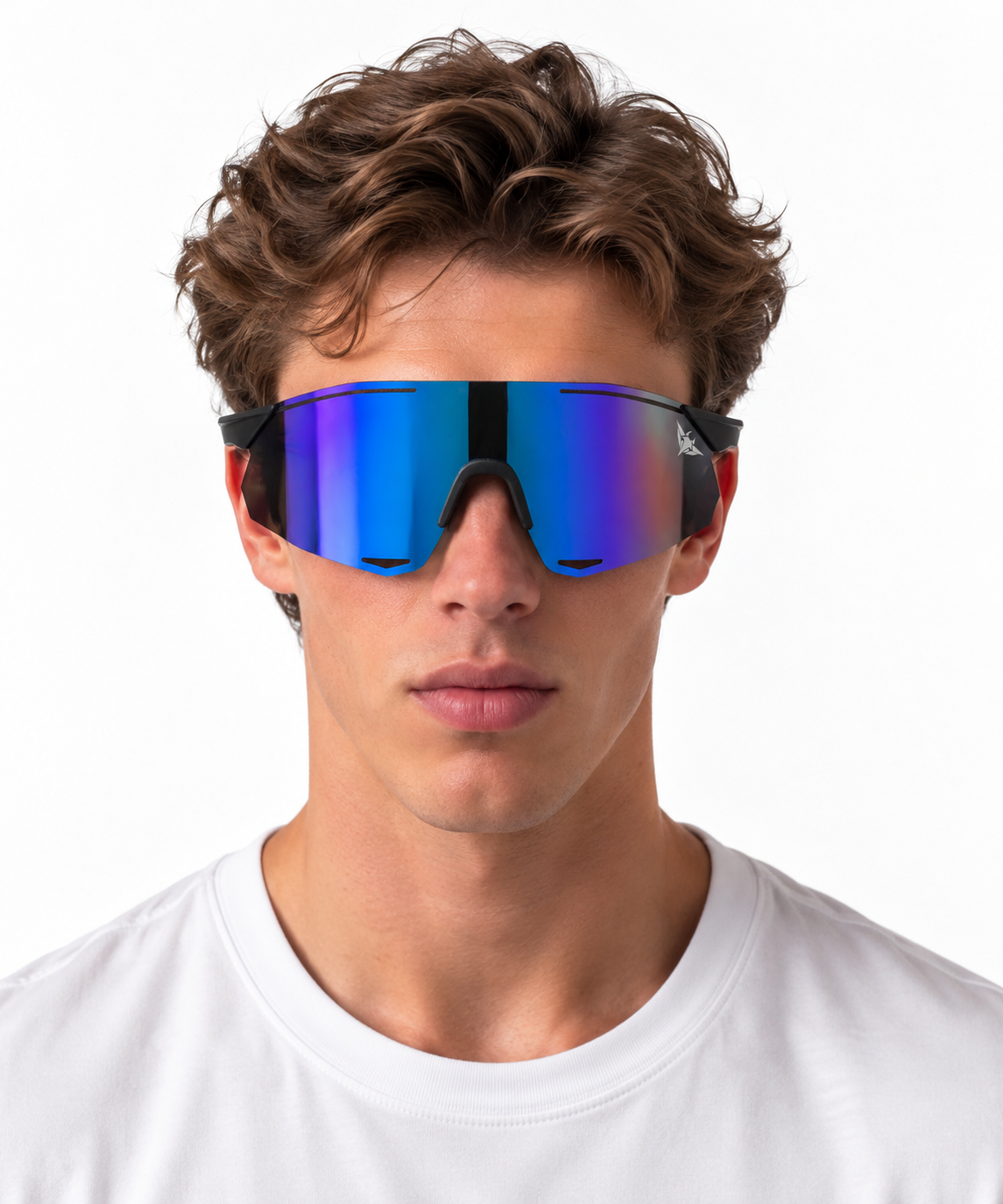 Model wearing Mantaros Rayo sunglasses in Abyss