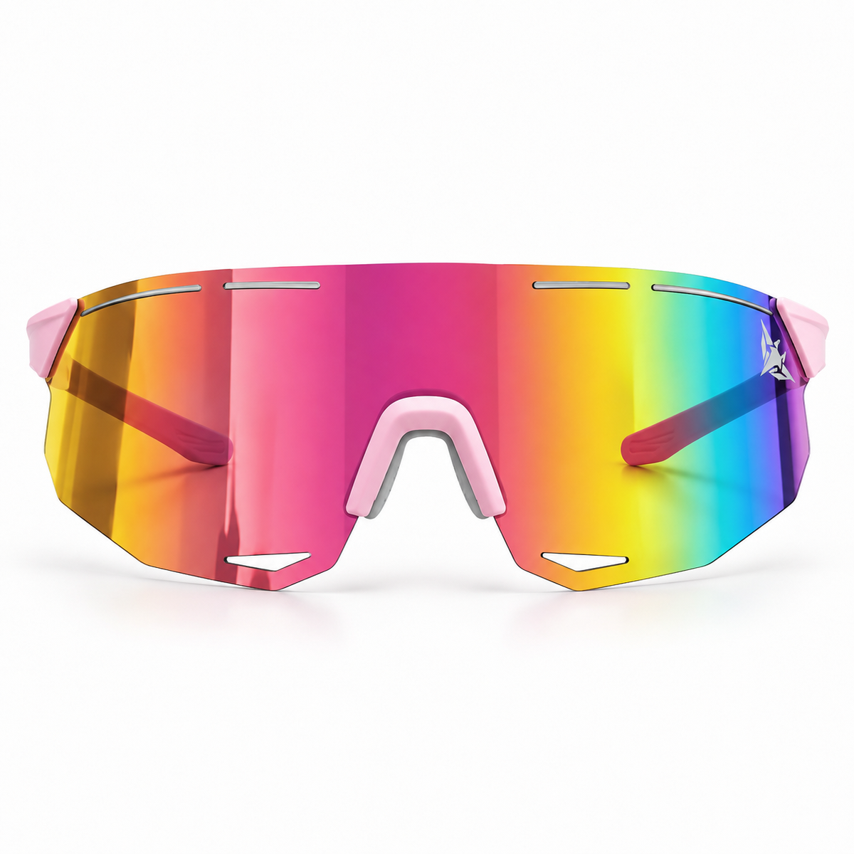 Mantaros Rayo shield sunglasses in Coral, pink frame and pink revo lens, front view