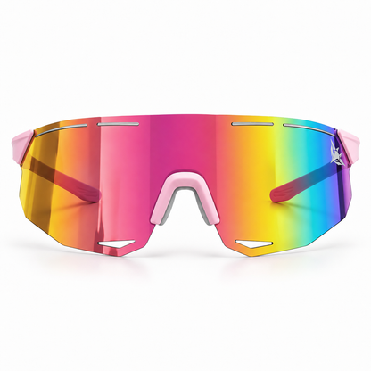 Mantaros Rayo shield sunglasses in Coral, pink frame and pink revo lens, front view