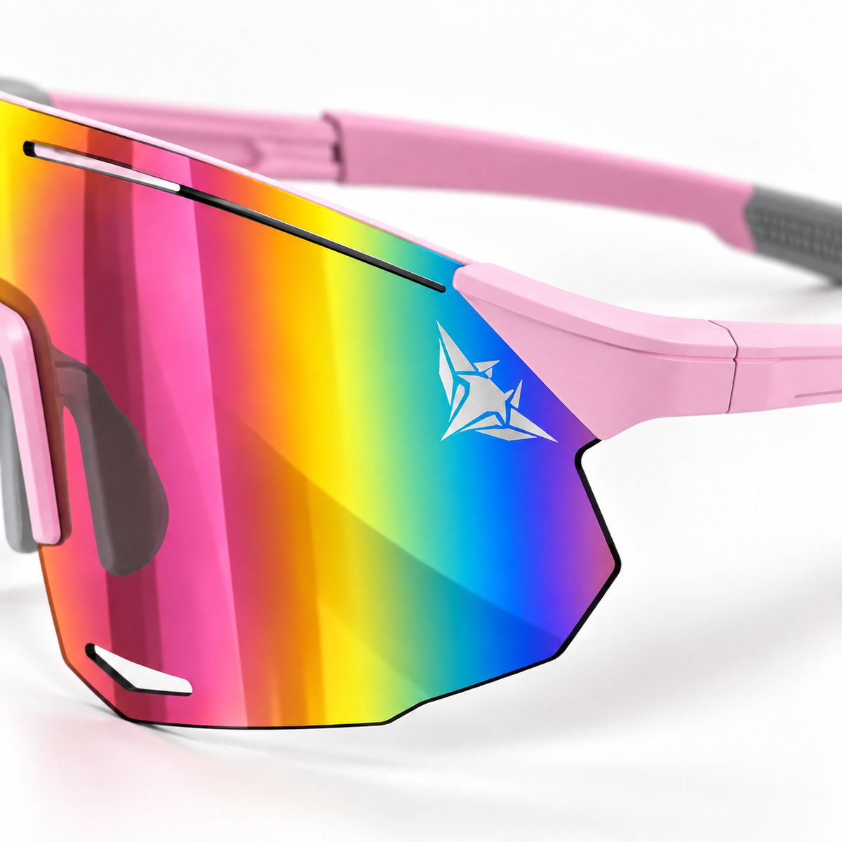 Close-up of the Coral pink revo lens with the Mantaros manta emblem