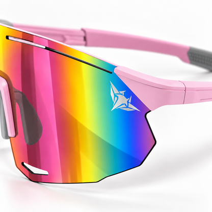 Close-up of the Coral pink revo lens with the Mantaros manta emblem