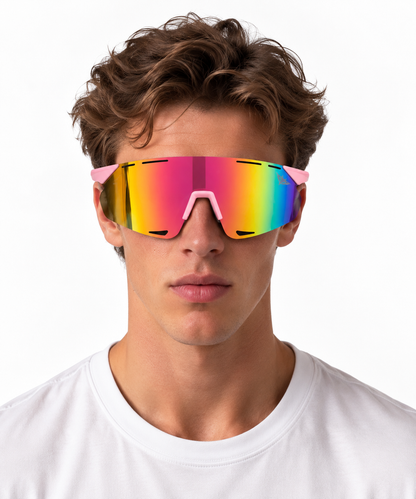 Model wearing Mantaros Rayo sunglasses in Coral