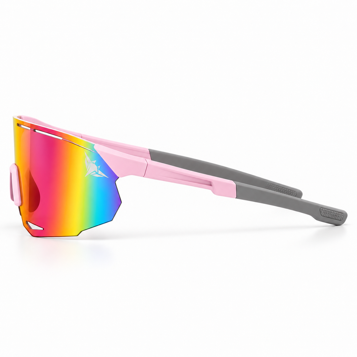 Mantaros Rayo shield sunglasses in Coral, side view with grey temple tips
