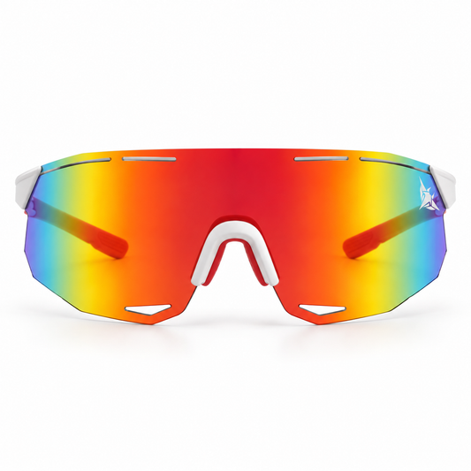 Mantaros Rayo shield sunglasses in Flare, white frame with red arms and fire revo lens, front view