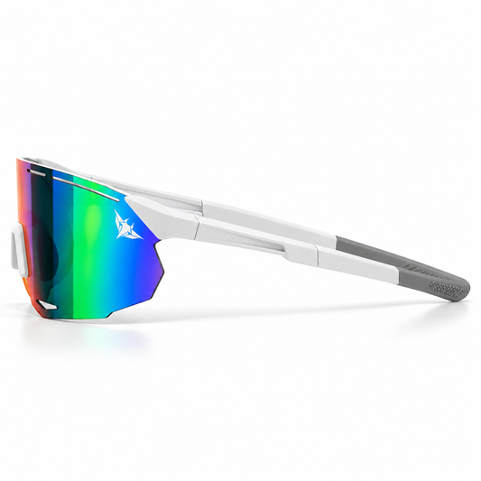Mantaros Rayo shield sunglasses in Reef, side view with grey temple tips